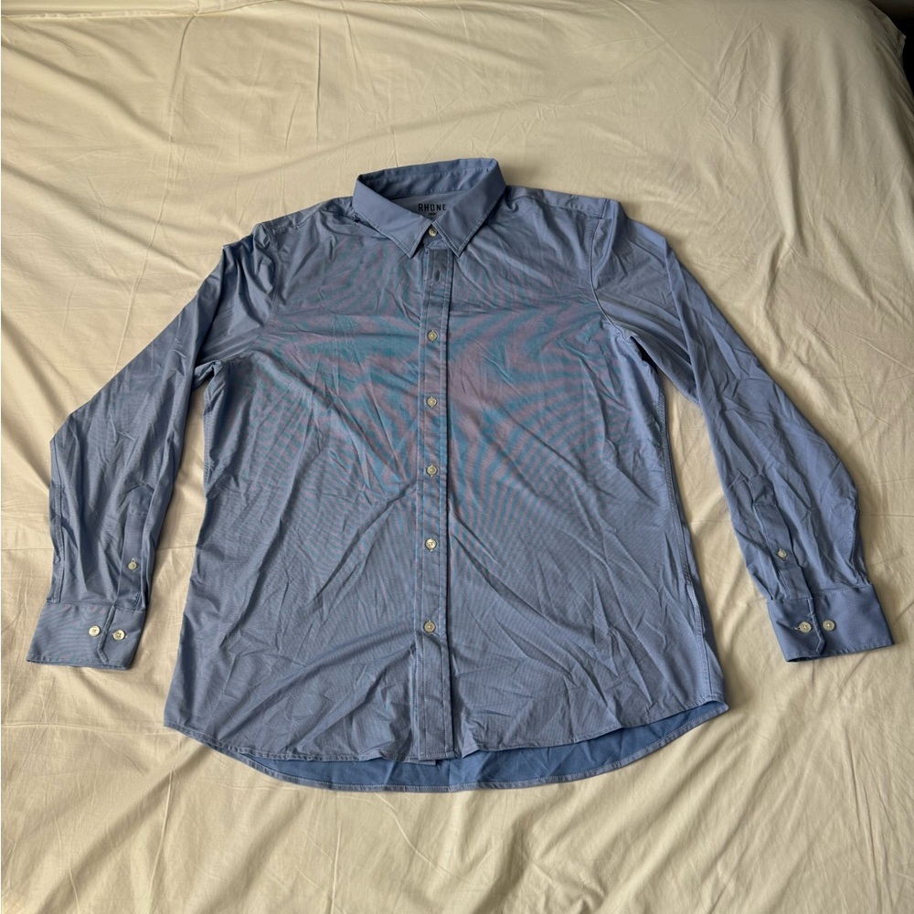 Rhône Commuter Shirt Slim Fit Blue Micro Check Button Down Stretch Anti-Odor